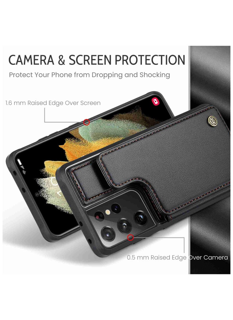 CaseMe Wallet Case for Samsung Galaxy S21 Ultra, Premium Handmade Durable PU Leather Slim Shockproof Case with [Double Magnetic Clasp] [Card Holder] [Kickstand] [RFID Blocking] (Black)  - Image 3