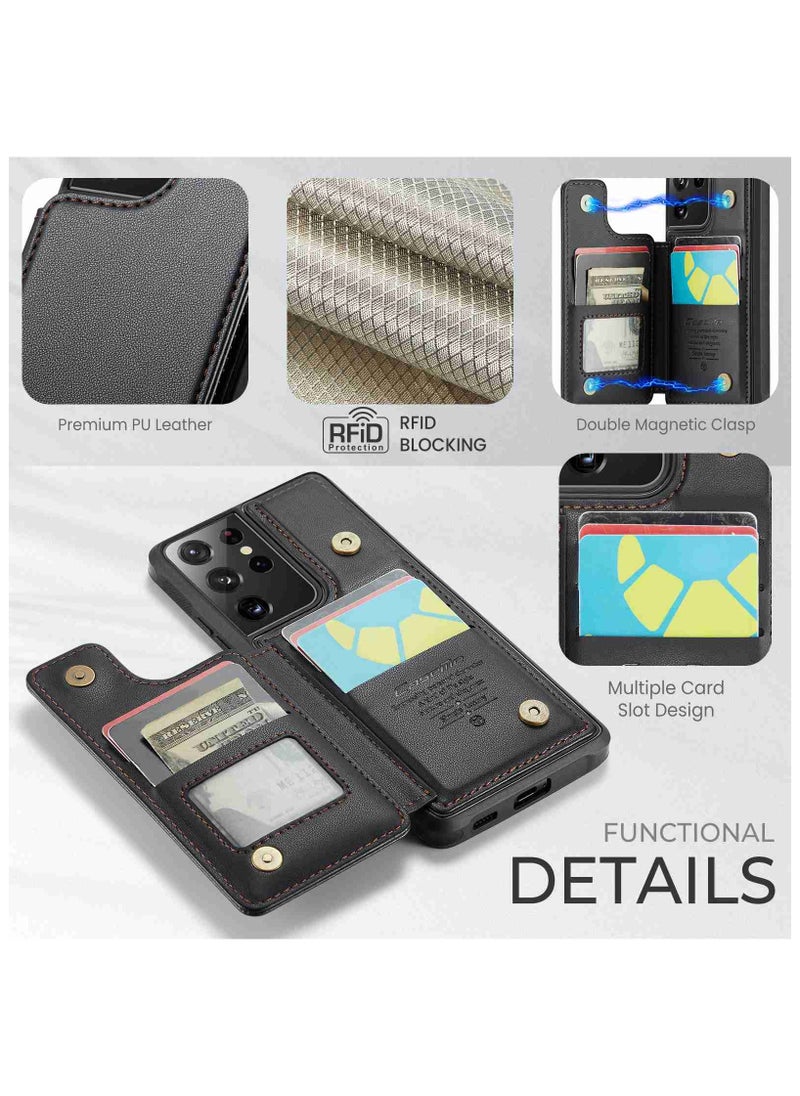 CaseMe Wallet Case for Samsung Galaxy S21 Ultra, Premium Handmade Durable PU Leather Slim Shockproof Case with [Double Magnetic Clasp] [Card Holder] [Kickstand] [RFID Blocking] (Black)  - Image 4