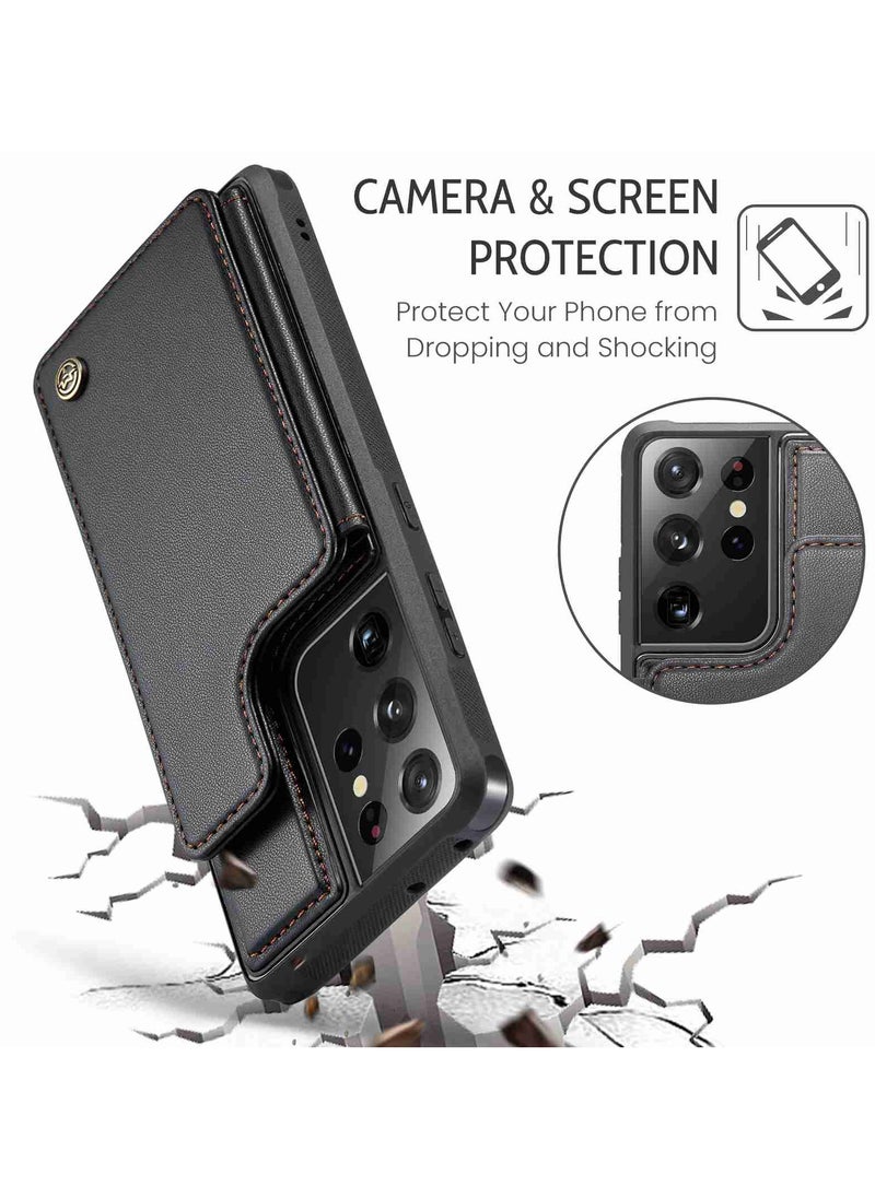 CaseMe Wallet Case for Samsung Galaxy S21 Ultra, Premium Handmade Durable PU Leather Slim Shockproof Case with [Double Magnetic Clasp] [Card Holder] [Kickstand] [RFID Blocking] (Black)  - Image 5