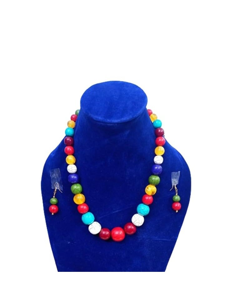 طقم عقد وحلق هندي هاند ميد من العظم الطبيعي – ألوان مالتي | قفل علوي | طول العقد 25 سم - Image 1