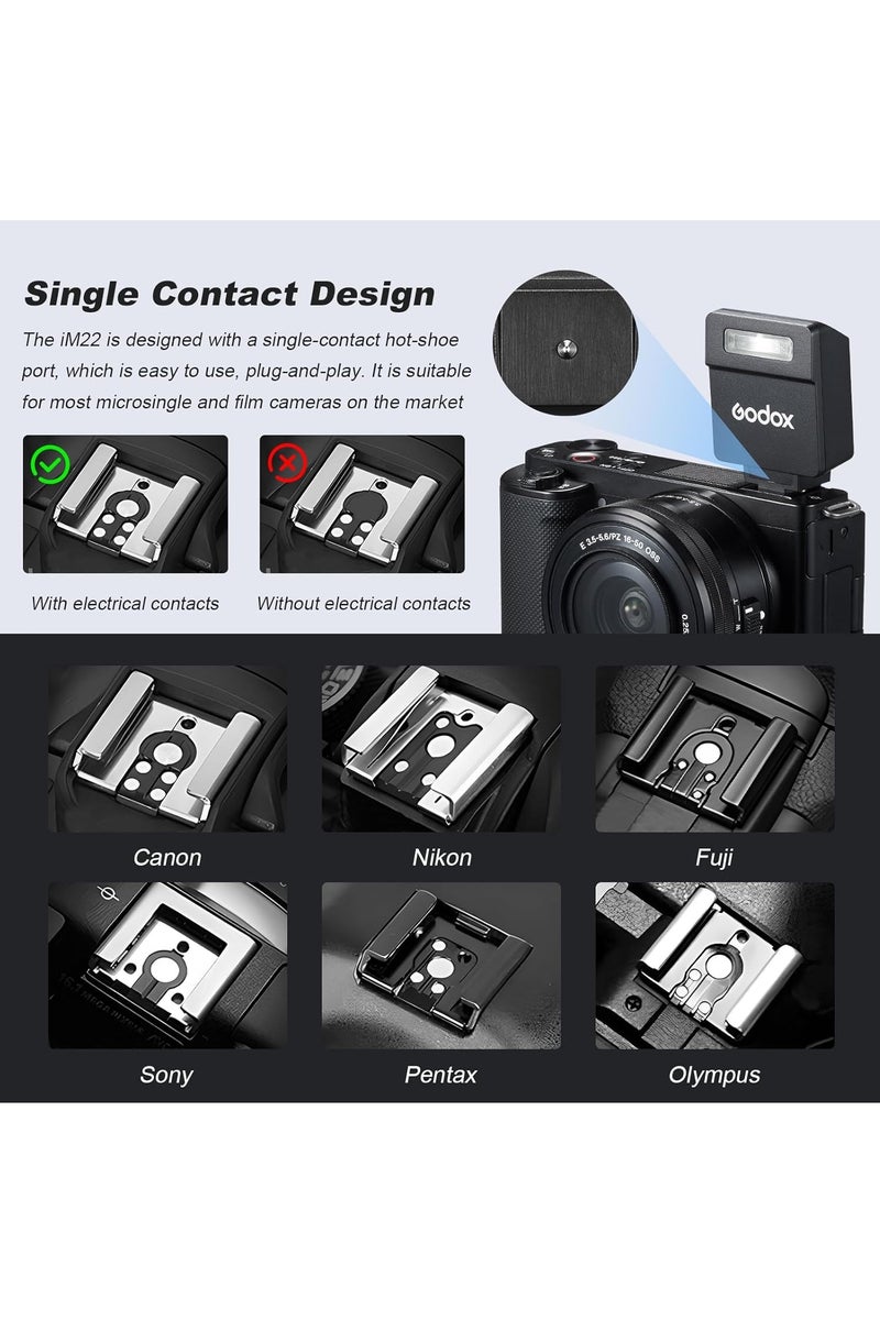 Godox iM22 Camera Flash, Mini Flash for Camera, 440 Full Power Flashes, Built in Lithium Battery, 5 Power Levels, Single Contact Hot Shoe, Compatible for Canon Sony Fuji Nikon Panasonic Olympus - Image 2