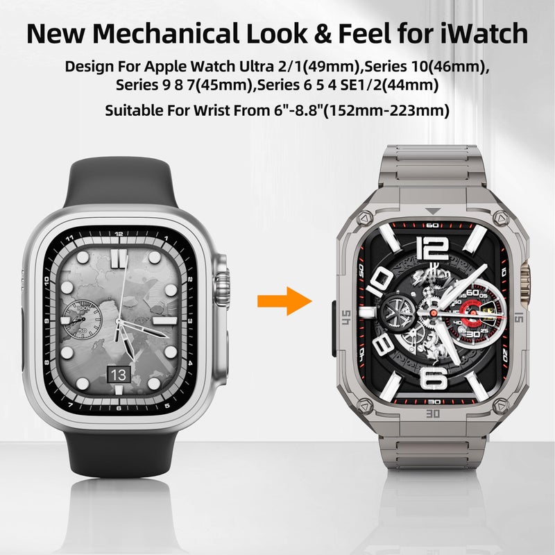 PanPinnacle Mechanical Metal Watch Case with Band Compatible with Apple Watch 45mm Band,Business Steel Protective Bumper Cover iwatch Band Strap for Seris 9 8 7 Men,Titanium - Image 4