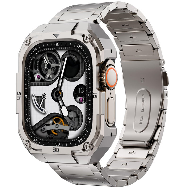 PanPinnacle Mechanical Metal Watch Case with Band Compatible with Apple Watch 45mm Band,Business Steel Protective Bumper Cover iwatch Band Strap for Seris 9 8 7 Men,Titanium - Image 1