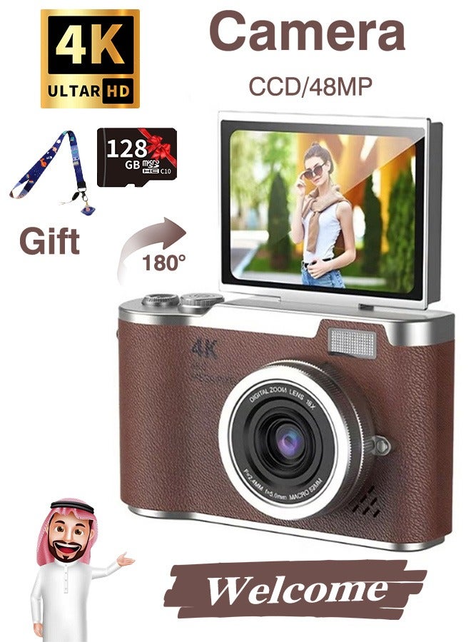 Digisand Digital Camera with 128G SD Card 4K CCD Digital Zoom Student Digital Camera 48MP Portable Photography Camera 180° Flip Screen Selfie Camera, Free Gift Lanyard and Cartoon Stickers - Image 1