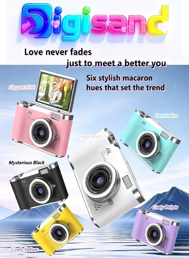 Digisand Digital Camera with 128G SD Card 4K CCD Digital Zoom Student Digital Camera 48MP Portable Photography Camera 180° Flip Screen Selfie Camera, Free Gift Lanyard and Cartoon Stickers - Image 5