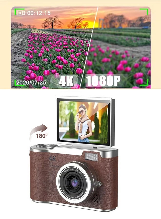 Digisand Digital Camera with 128G SD Card 4K CCD Digital Zoom Student Digital Camera 48MP Portable Photography Camera 180° Flip Screen Selfie Camera, Free Gift Lanyard and Cartoon Stickers - Image 3