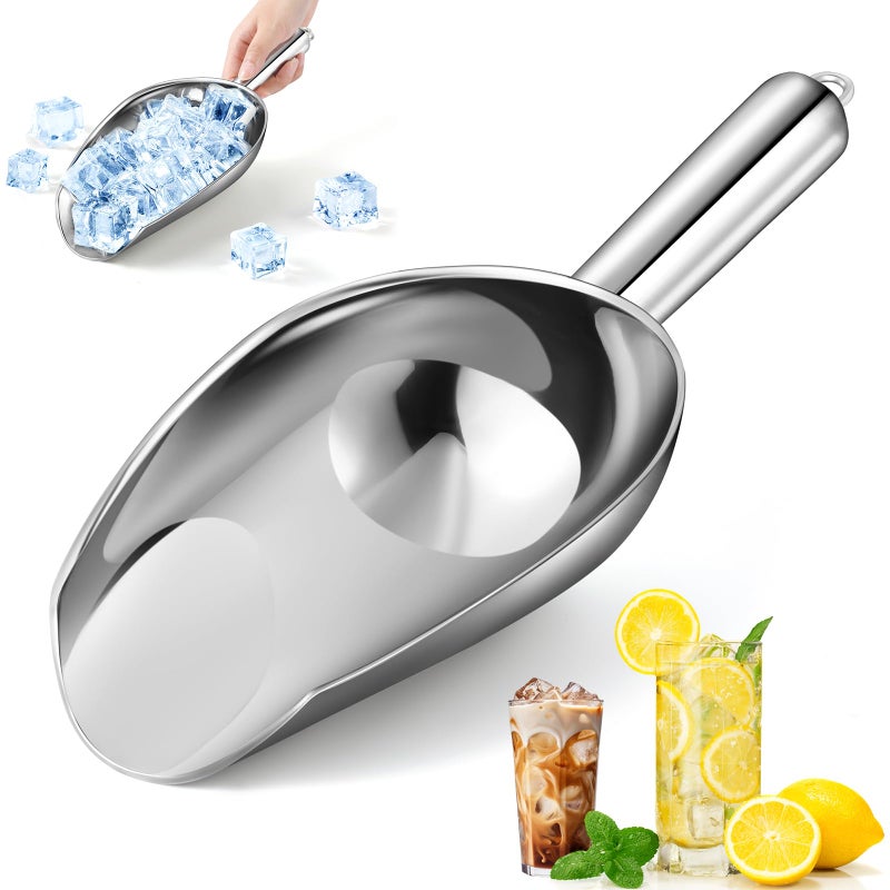 OLESBUR 12oz Stainless Steel Ice Scoop for Freezer Dishwasher Safe Metal Scooper with Long Handle for Ice Machines Buckets Dog Food Flour and Canisters Ideal for Bar Parties Weddings