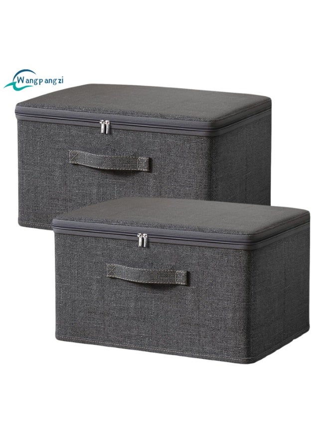 وانغبانغزي 2 قطعة صناديق تخزين مع أغطية ، منظم تخزين خزانة ملابس رمادي ، صناديق قماشية قابلة للطي بمقبض مقوى ، صندوق ملابس مع سحابات لغرف النوم ، غرفة المعيشة ، المكتب (30 × 20 × 14 سم) - Image 1