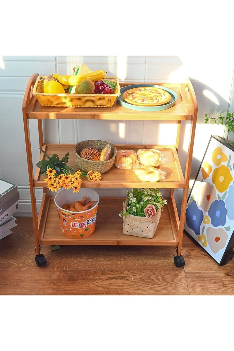 LINGWEI Bamboo Kitchen Trolley Cart with Wheels - Wooden Serving & Utility Cart with Storage Shelves, Wine Rack, Tea & Bar Station - Rolling Food & Drink Organizer for Home - Image 3