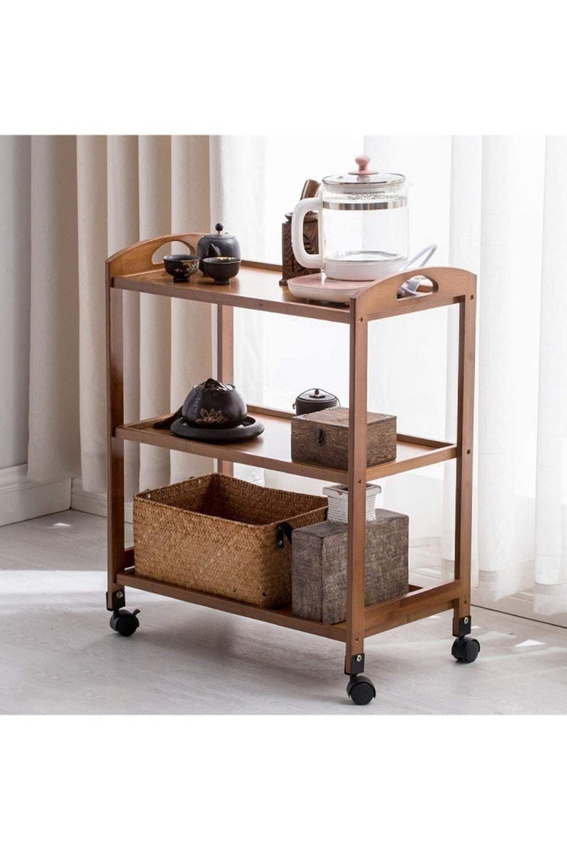 LINGWEI Bamboo Kitchen Trolley Cart with Wheels - Wooden Serving & Utility Cart with Storage Shelves, Wine Rack, Tea & Bar Station - Rolling Food & Drink Organizer for Home - Image 2