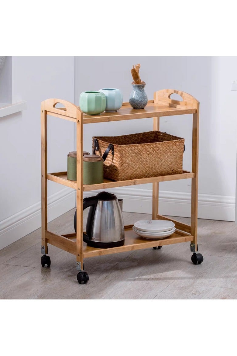 LINGWEI Bamboo Kitchen Trolley Cart with Wheels - Wooden Serving & Utility Cart with Storage Shelves, Wine Rack, Tea & Bar Station - Rolling Food & Drink Organizer for Home - Image 4