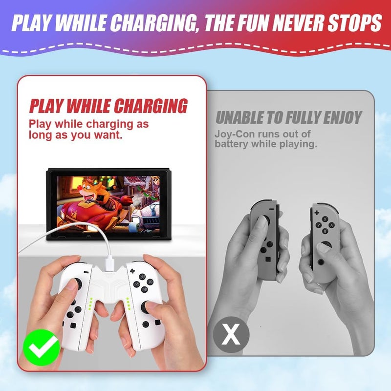 OFFCUP Charger Compatible with Joy Con for Nintendo Switch and OLED Model, Charging Grip Handle, Comfort V-Shaped Game Controller with LED Indicator, USB Type-C, White - Image 5