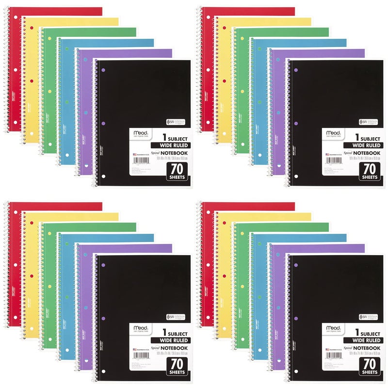 Mead Spiral Notebook, 24 Pack, 1 Subject, Wide Ruled Paper, 7-1/2" x 10-1/2", 70 Sheets per Notebook, Colors Will Vary (930203-ECM25) - Image 1