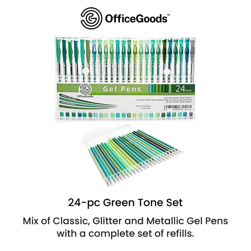 OfficeGoods أقلام جل خضراء من OfficeGoods مع إعادة تعبئة - فن التلوين والتدوين للبالغين - رؤوس متوسطة 0.8-1.0 مم - مجموعة أقلام جل غير سامة - سريعة الجفاف وخالية من البقع 24 لونًا - Image 2