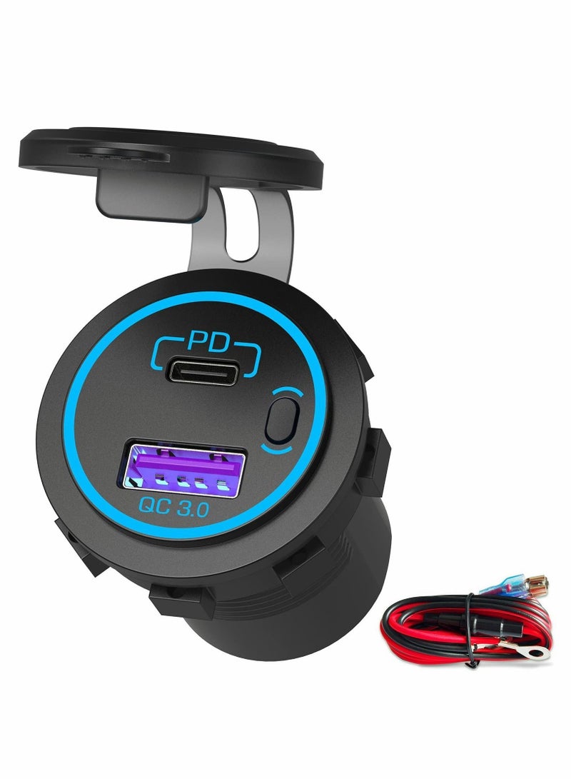 Y&D USB Car Fast Charger Socket, 12V PD 3.0 and Quick Charge with Switch Button, Waterproof  - Image 1