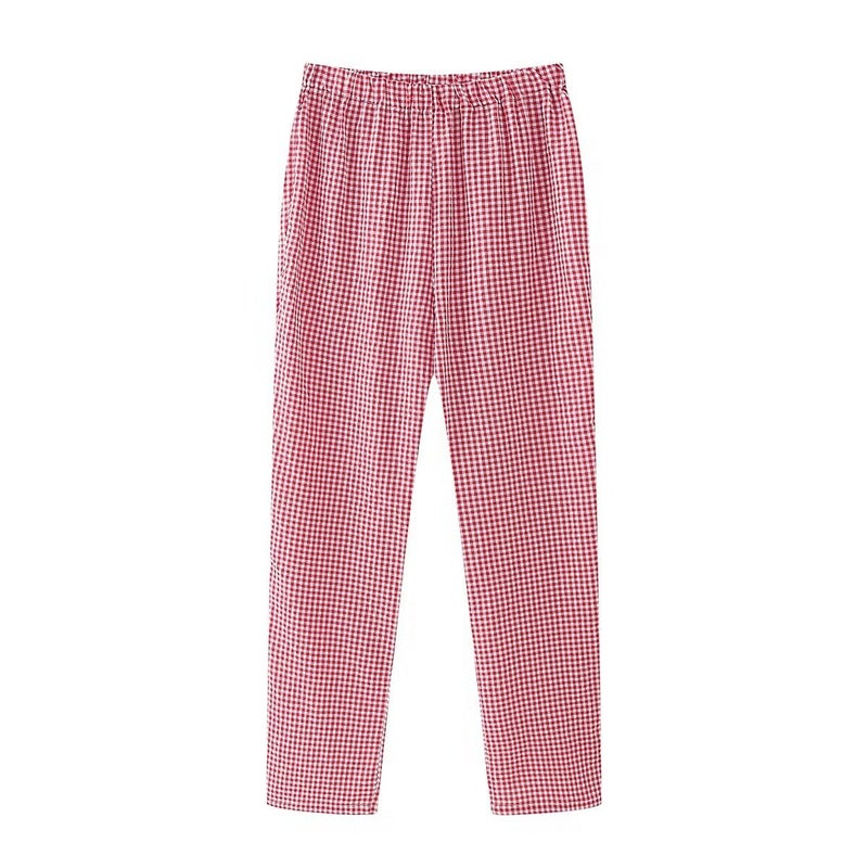 European and American style cross-border wholesale independent station 2024 spring and summer womens new V-neck casual check love webbing shirt blue trousers - Image 3