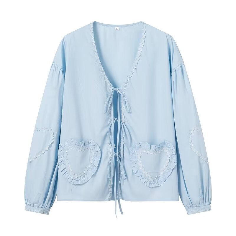 European and American style cross-border wholesale independent station 2024 spring and summer womens new V-neck casual check love webbing shirt blue trousers - Image 5
