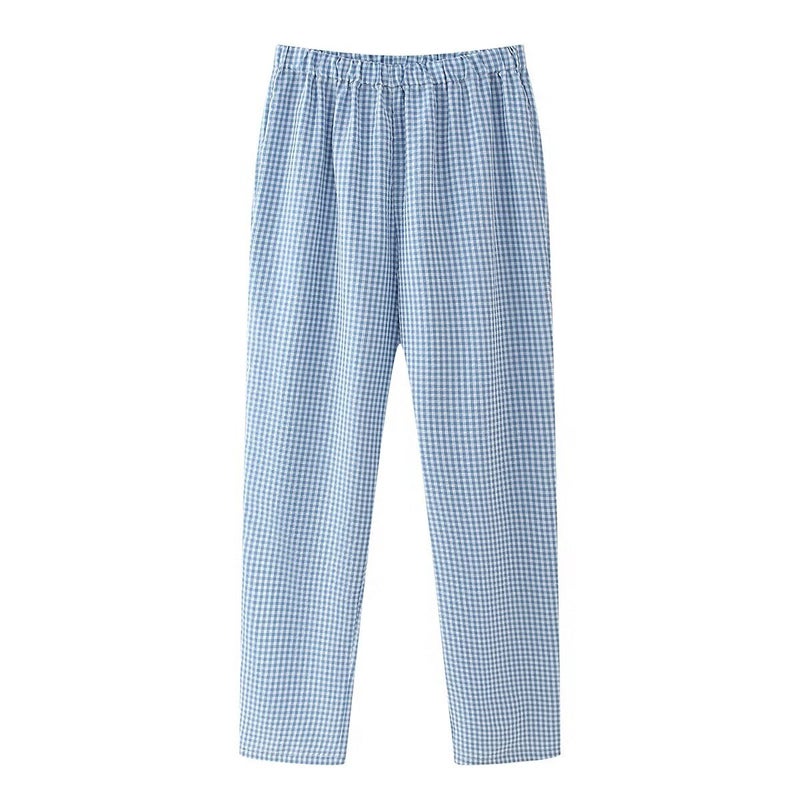 European and American style cross-border wholesale independent station 2024 spring and summer womens new V-neck casual check love webbing shirt blue trousers - Image 1