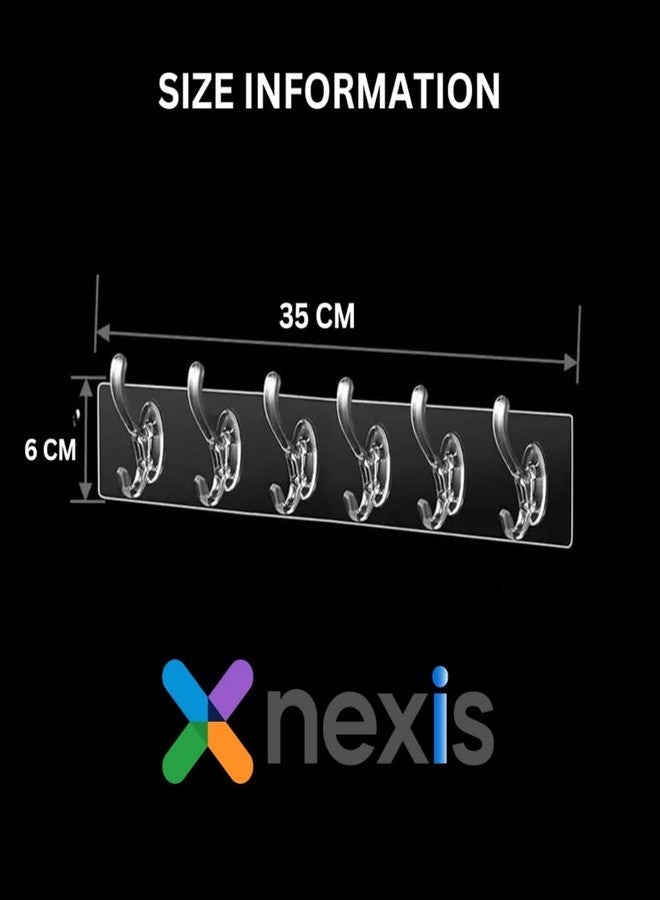 NEXIS Hooks for Wall Without Drilling | 6-Hook Strip, 1 Pack | Strong Adhesive Hook Rail for Kitchen & Bathroom | (Transparent 6 Hook, 1 Pack) - Image 2