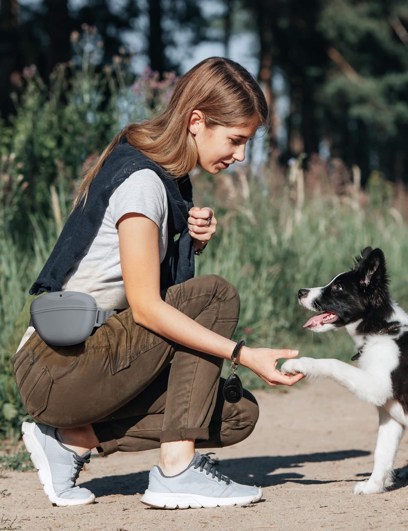 heouvo Dog Treat Pouch with Training Clicker, Upgrade Stronger Magnetic Closure to Avoid Spilling, 1.67 Cup Silicone Treat Bag Fanny Pack with Waist Belt for Pet Training Walking (Grey) - Image 3