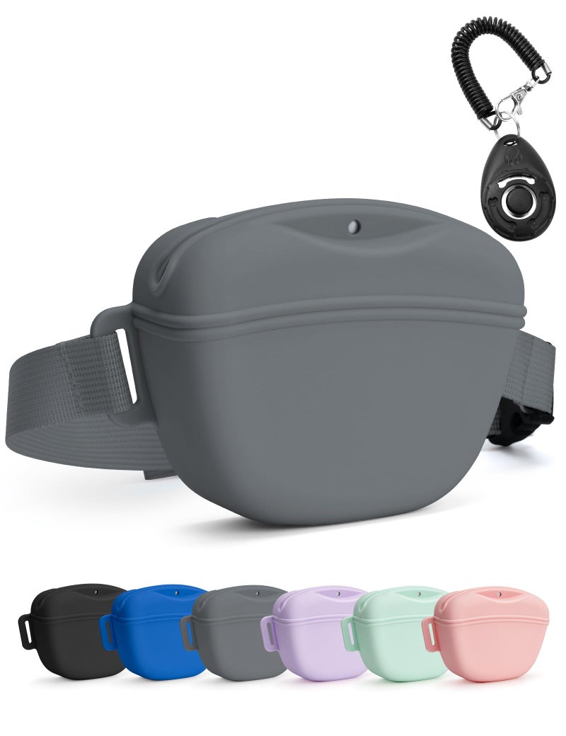 heouvo Dog Treat Pouch with Training Clicker, Upgrade Stronger Magnetic Closure to Avoid Spilling, 1.67 Cup Silicone Treat Bag Fanny Pack with Waist Belt for Pet Training Walking (Grey) - Image 1