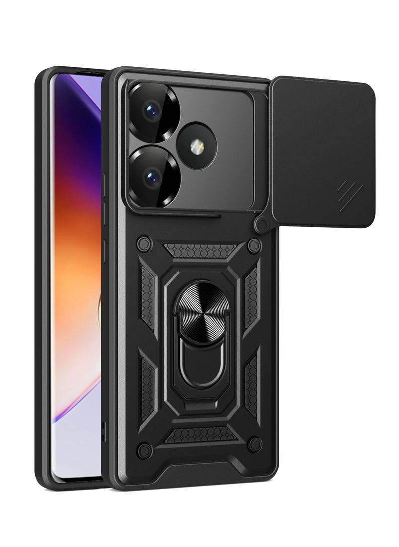 Generic Xiaomi POCO F6 5G Case Cover, Slide Camera Lens Cover + 360°Rotating Kickstand Ring + Support Magnetic Car Mount Shockproof Mobile Phone Case Black  - Image 1