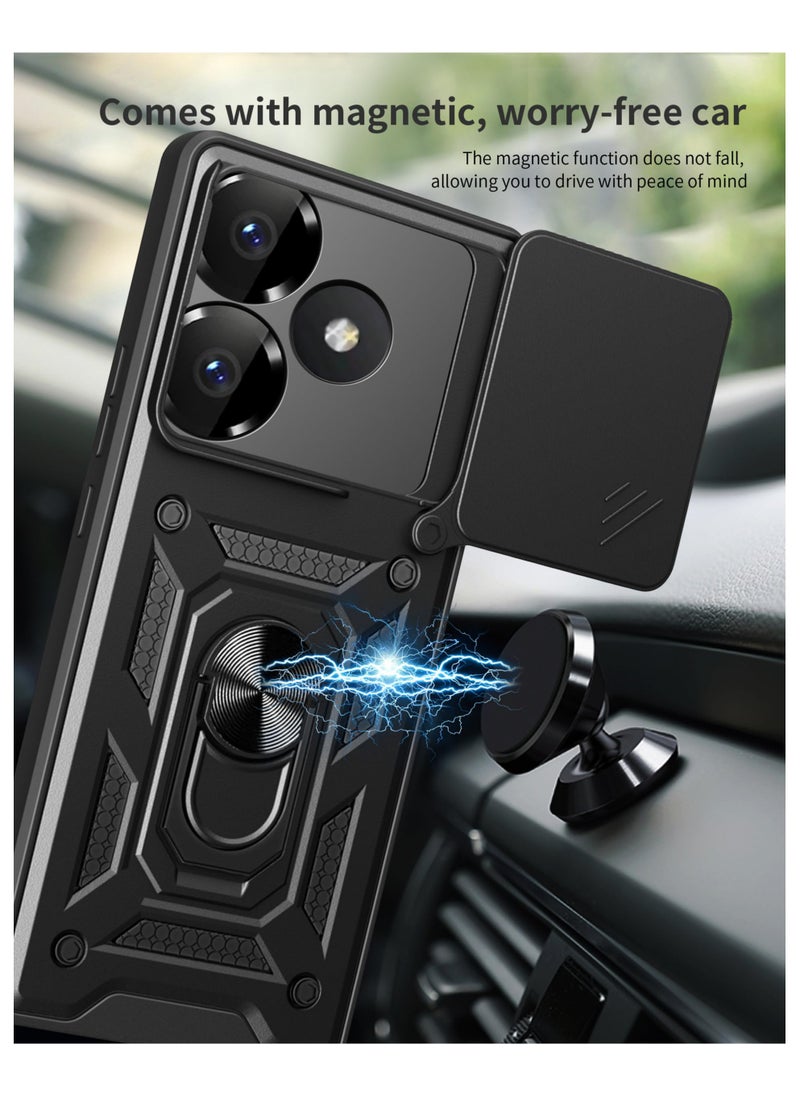 Generic Xiaomi POCO F6 5G Case Cover, Slide Camera Lens Cover + 360°Rotating Kickstand Ring + Support Magnetic Car Mount Shockproof Mobile Phone Case Black  - Image 5