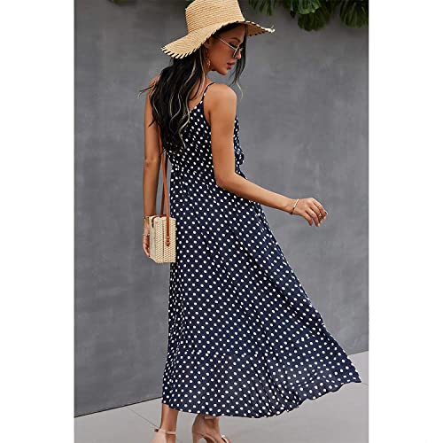 BROVAVE Women's 2025 Summer Casual Boho Sundress Polka Dot Spaghetti Strap V Neck Flowy Midi Dresses(008 Navy, Medium) - Image 4