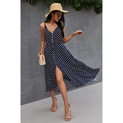BROVAVE Women's 2025 Summer Casual Boho Sundress Polka Dot Spaghetti Strap V Neck Flowy Midi Dresses(008 Navy, Medium) - Image 3
