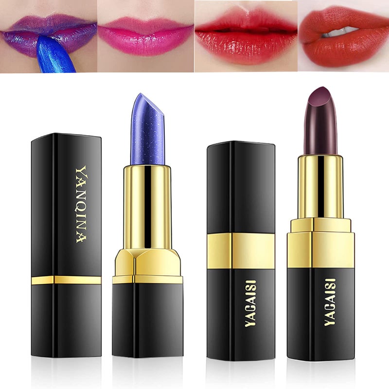 YANQINA 2 Pcs Magic Black Blue Lipstick Set, Shimmer Color Changing Lipstick(Blue Changed into Pink,Black Change into Brick Red),Natural Moisturizing Lip Balm Labiales Magicos Nutritious Lazy Lipstick - Image 1
