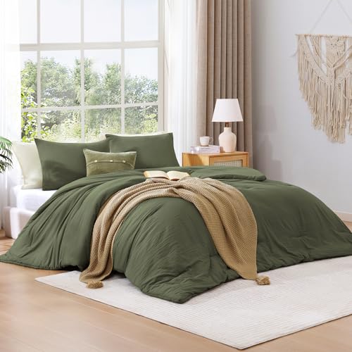 WRENSONGE Full Size Comforter Sets - 3 Pieces Olive Green Comforter Prewashed Soft Lightweight for All Seasons, Fluffy Down Alternative Comforter Full Size with 2 Pillow Shams - Image 2