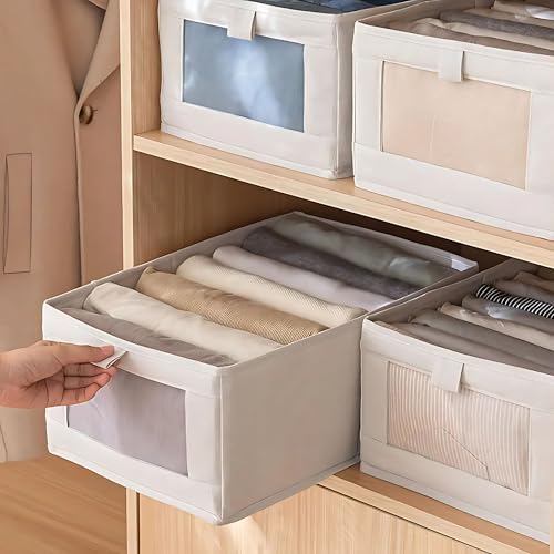 Gowloz Linen Storage Bins with Clear Window – Foldable Clothes Organizer Boxes for Wardrobe, Shelves & Home Storage – Breathable Fabric, Collapsible Design (Beige, Pack of 4) - Image 4
