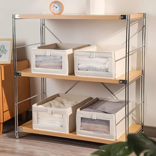 Gowloz Linen Storage Bins with Clear Window – Foldable Clothes Organizer Boxes for Wardrobe, Shelves & Home Storage – Breathable Fabric, Collapsible Design (Beige, Pack of 4) - Image 5