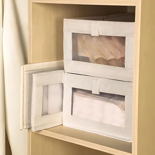 Gowloz Linen Storage Bins with Clear Window – Foldable Clothes Organizer Boxes for Wardrobe, Shelves & Home Storage – Breathable Fabric, Collapsible Design (Beige, Pack of 4) - Image 3