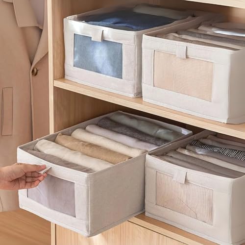Gowloz Linen Storage Bins with Clear Window – Foldable Clothes Organizer Boxes for Wardrobe, Shelves & Home Storage – Breathable Fabric, Collapsible Design (Beige, Pack of 4) - Image 1