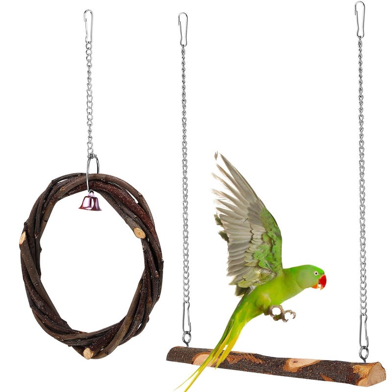 Natural Wood Bird Swing With Bell And Ring For Parakeets Cockatiels 2pc Set - Image 2