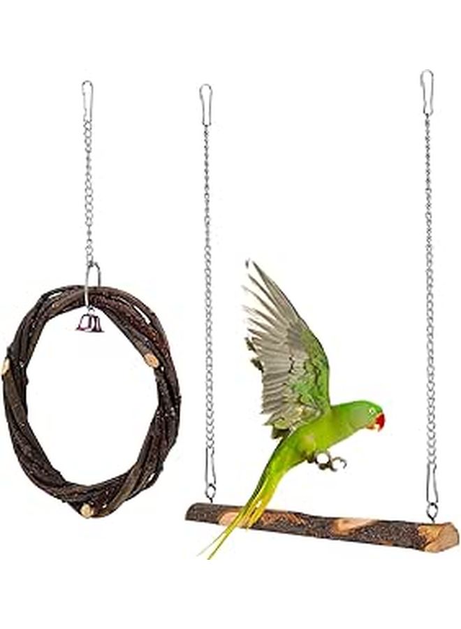 Natural Wood Bird Swing With Bell And Ring For Parakeets Cockatiels 2pc Set - Image 1