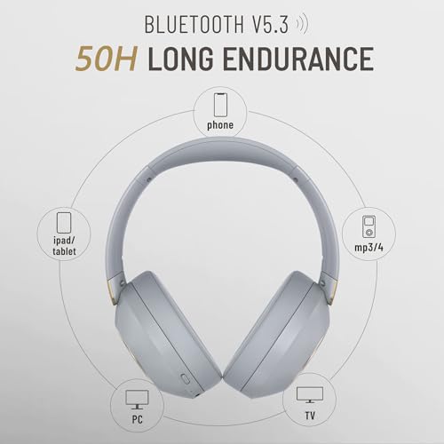 LORELEI B-C6 Wireless Over Ear Headphones, 50H Playtime Foldable Lightweight Bluetooth Headsets, Deep Bass, Built-in Microphone, Memory Foam Earmuff, for Travel, Home Office (Smoke Gray) - Image 3
