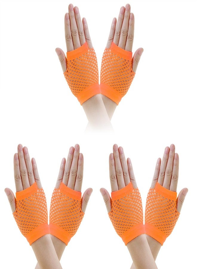 PPhtony 3 Pairs 80s 90s Fingerless Fishnet Mesh Gloves for Women Girls Halloween Party Costume (Orange) - Image 1