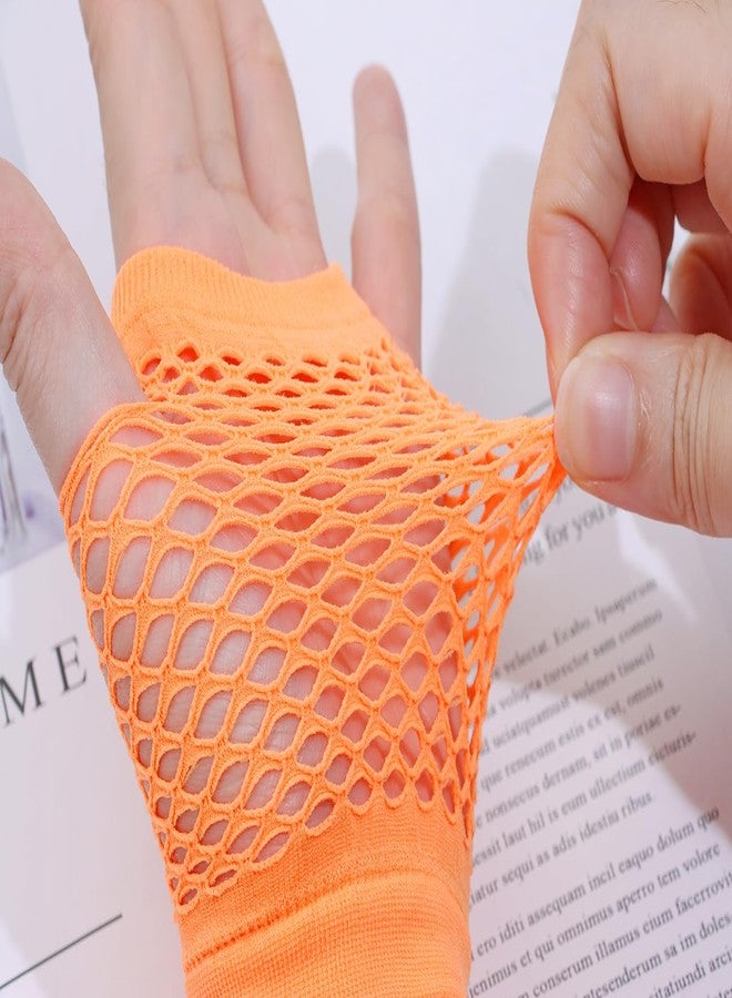 PPhtony 3 Pairs 80s 90s Fingerless Fishnet Mesh Gloves for Women Girls Halloween Party Costume (Orange) - Image 3