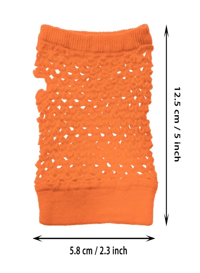 PPhtony 3 Pairs 80s 90s Fingerless Fishnet Mesh Gloves for Women Girls Halloween Party Costume (Orange) - Image 2