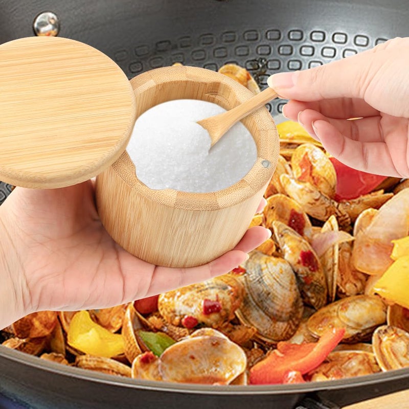 Loyanger Bamboo Salt Cellar with Built-in Spoon, Salt Container Sal-t Box Bowl with Magnetic Swivel Lid, Kitchen Spice Holder Saver Jar for Sal-t Pepper Seasonings(SIZE:6oz) - Image 3