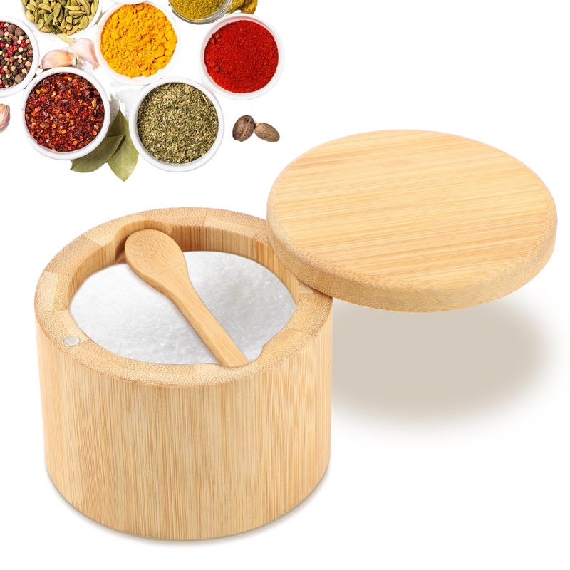 Loyanger Bamboo Salt Cellar with Built-in Spoon, Salt Container Sal-t Box Bowl with Magnetic Swivel Lid, Kitchen Spice Holder Saver Jar for Sal-t Pepper Seasonings(SIZE:6oz) - Image 1