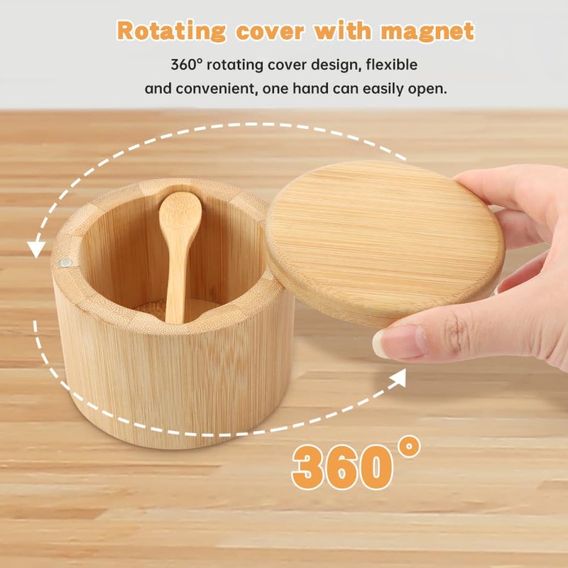 Loyanger Bamboo Salt Cellar with Built-in Spoon, Salt Container Sal-t Box Bowl with Magnetic Swivel Lid, Kitchen Spice Holder Saver Jar for Sal-t Pepper Seasonings(SIZE:6oz) - Image 4