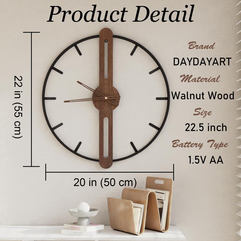 DAYDAYART Modern Walnut Dial Wall Clock, Wood Large Wall Clock Decor Metal Frame Silent Non Ticking for Living Room, Bedroom, Kitchen, Study Decoration, Handmade Home Present Idea, 20 in ï¼ˆ50 cmï¼‰ - Image 3