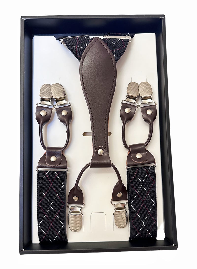 أحزمة رجالية، أحزمة بنطلون بدلة مطاطية مطاطية، مشابك بنطلون، دعامات على شكل حرف Y، حمالات أحزمة غير قابلة للانزلاق، حمالات قابلة للتثبيت للرجال، صندوق هدايا (أسود) - Image 1