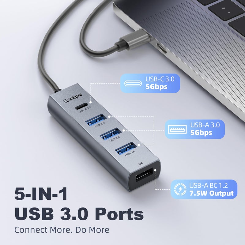 intpw USB C to USB A Hub Splitter 5 Ports with BC Charging Aluminum Thunderbolt to USB C Hub Multiport Adapter USB 3.0 5Gbps Type C Hub Extender for Laptop Mac iPad PC Surface XPS and More(0.82FT5in1) - Image 2