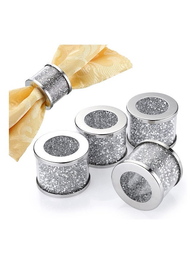 Sliver Napkin Rings Set, Sparkly Glass Napkin Holder with Metal Frame for Holiday, Metal Ring for Dinner Party, Wedding Decor, Table Decorations (4 Pcs)