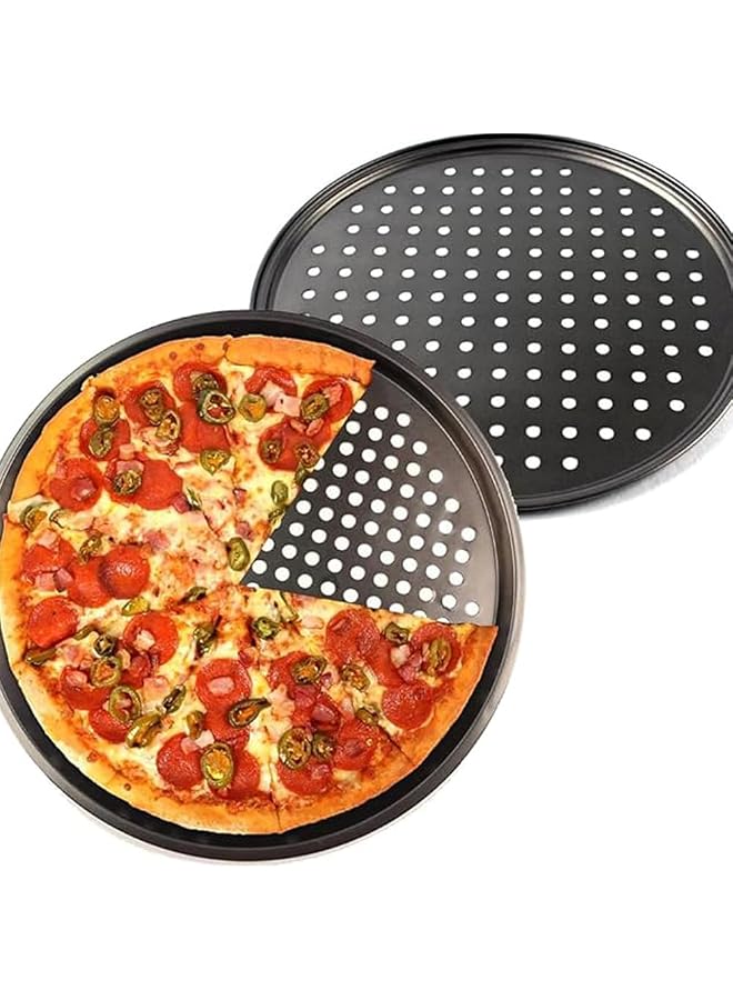 S-TOP 2Pcs Pizza Baking Tray Set With Holes, Non-Stick Round Baking Pan, Black Color, Perforated Design,Non-Stick Coating, Reusable, Easy To Clean, Suitable For Oven Baking And Food Storage (32cm) - Image 1