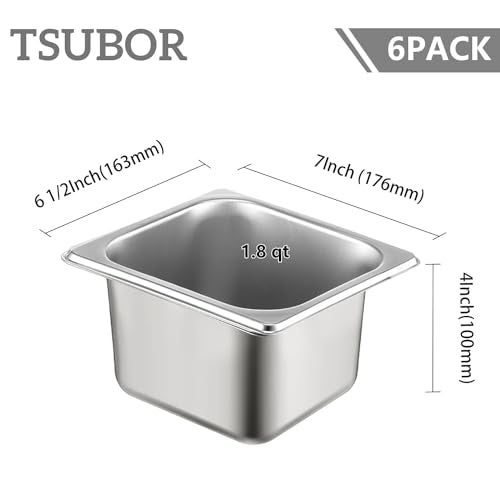 TSUBOR 6 Set Stainless Steel Hotel Pans 1/6 Size 4 Inch Deep With Lids, Anti-Jam Chafing Steam Table Pans, Catering Food Storage Metal Pan - Image 2